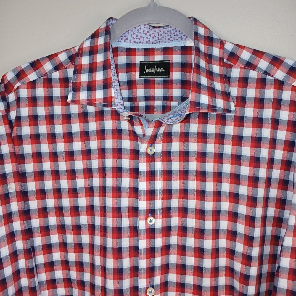 NEIMAN MARCUS BLUE AND RED CHECK BUTTON DOWN LONG SLEEVE SHIRT XL MENS